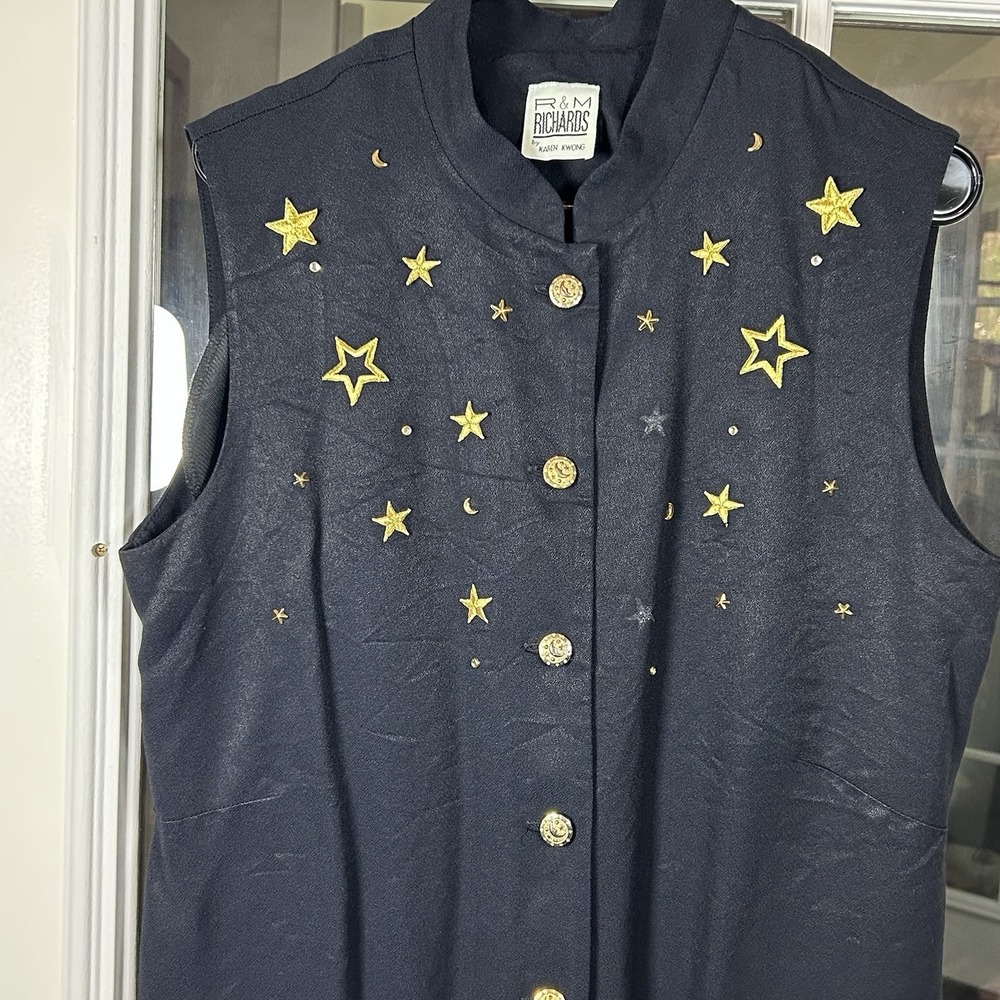 Vintage 90s R&M Richard's Karen Kwong Navy Celestial Embroidered Vest Size 16 - Picture 2 of 16